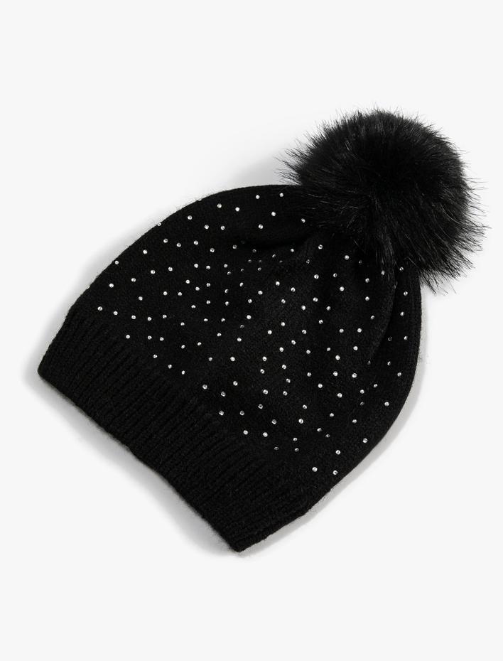 Kadın Triko Bere Peluş Ponponlu Boncuk İşlemeli