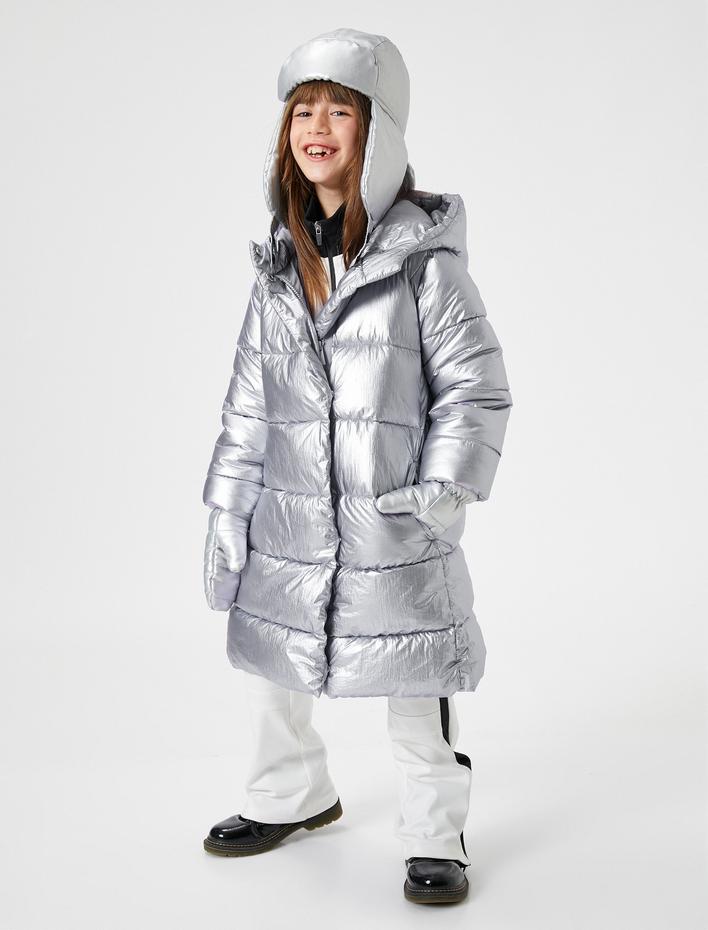 Kız Çocuk Uzun Şişme Mont Kapşonlu Dolgulu Fermuarlı Cepli