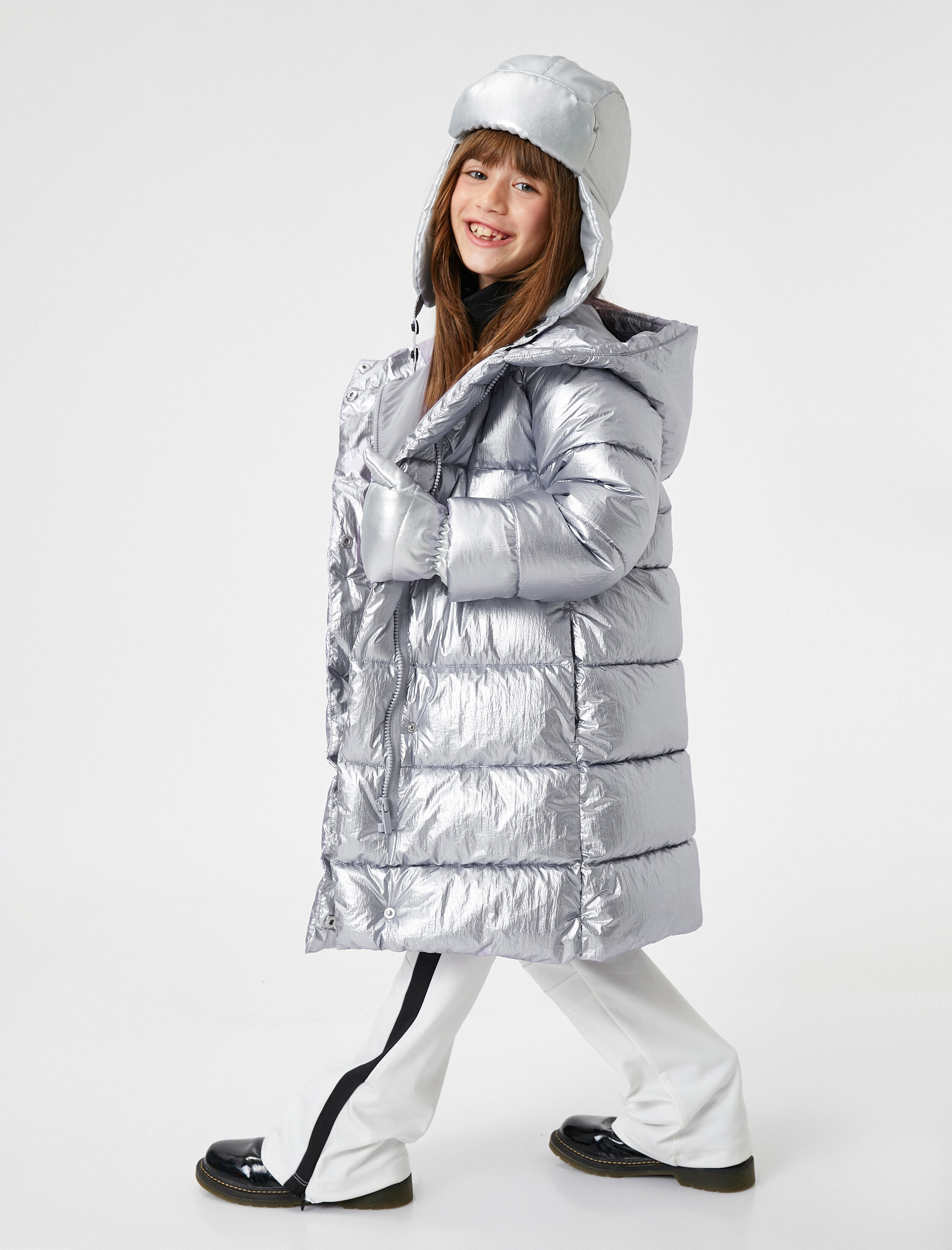  Kız Çocuk Uzun Şişme Mont Kapşonlu Dolgulu Fermuarlı Cepli