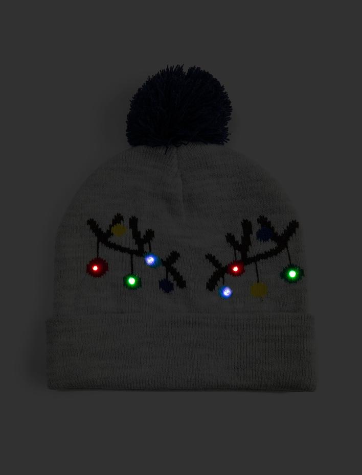 Erkek Çocuk Bere Karanlıkta Parlayan Ponpon Detaylı Desenli