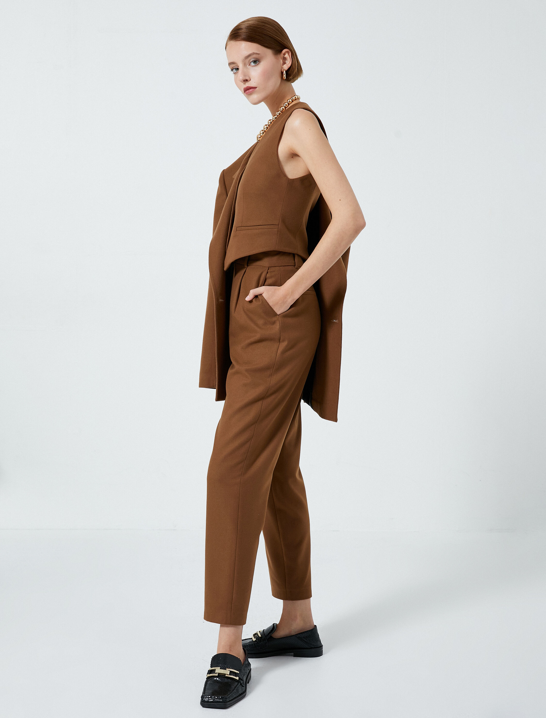   Kumaş Pantolon Yüksek Bel Cep Detaylı Pileli