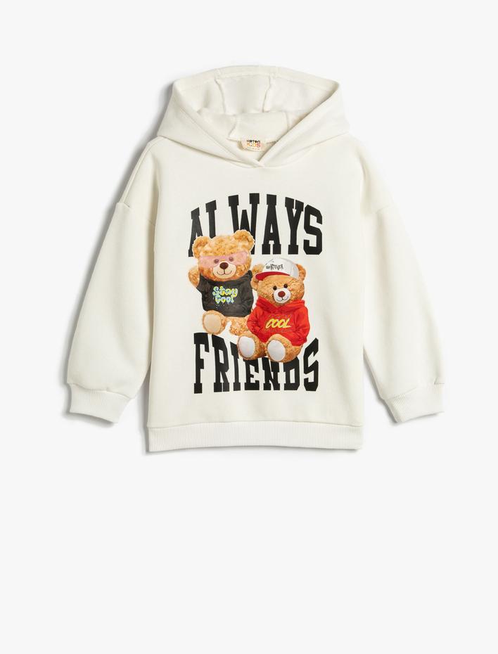 Kız Çocuk Teddy Baskılı Kapşonlu Sweatshirt Uzun Kollu Şardonlu