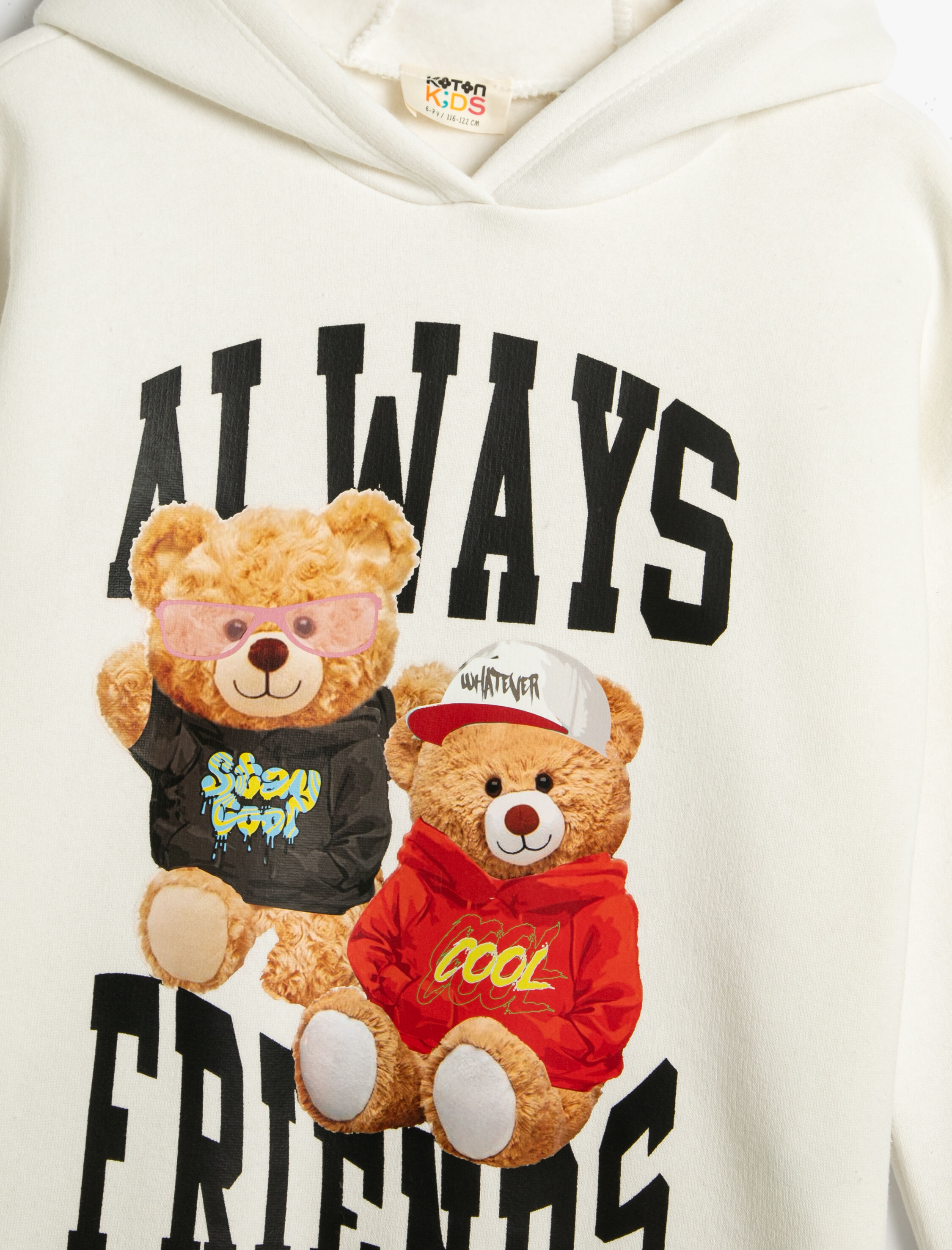  Kız Çocuk Teddy Baskılı Kapşonlu Sweatshirt Uzun Kollu Şardonlu