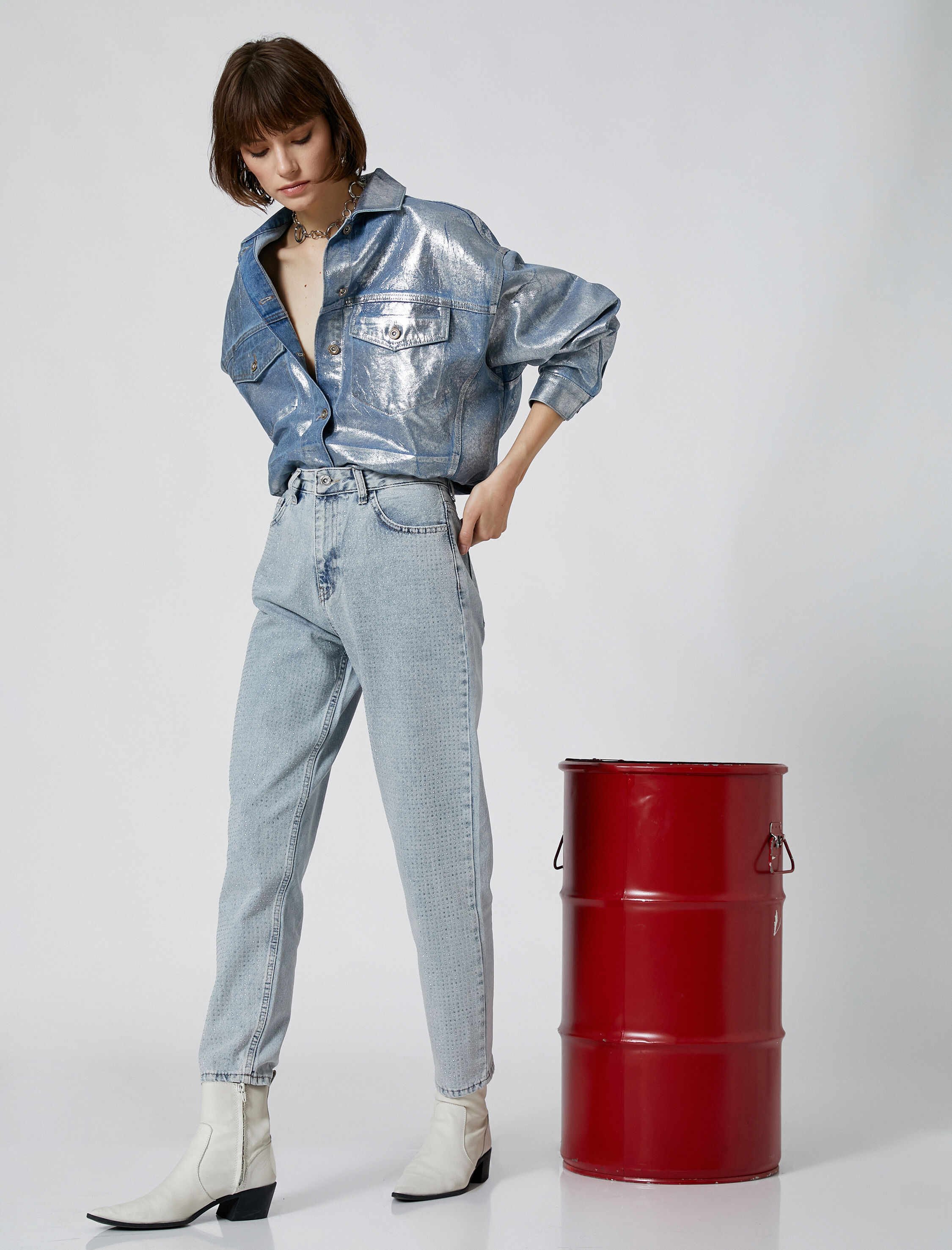   Yüksek Bel Kot Pantolon Parıltılı Taşlı Kısa Paça Cepli - Mom Jean