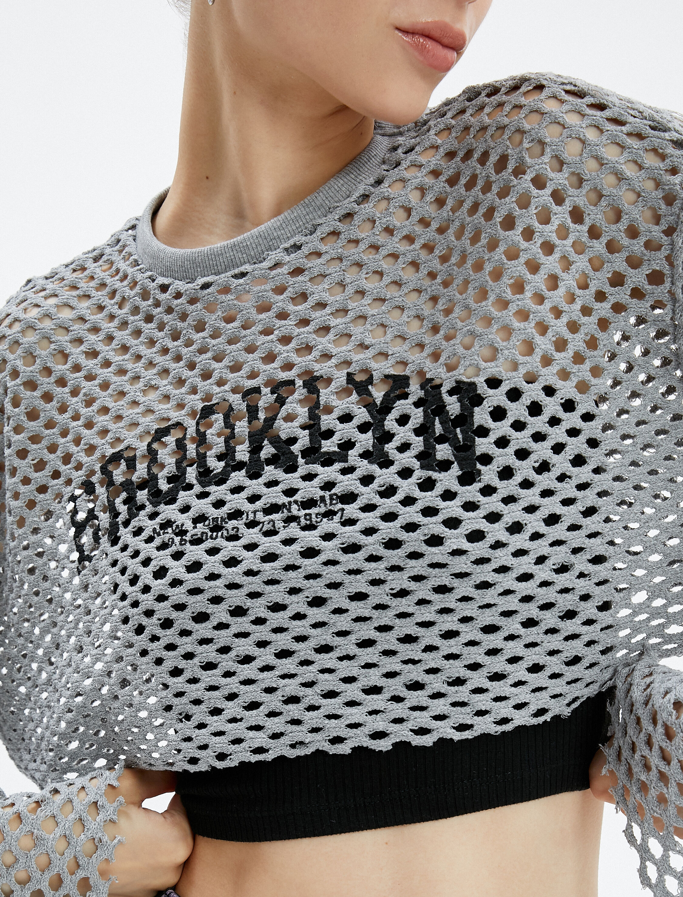   File Crop Tişört Kolej Baskılı  Uzun İspanyol Kol Yuvarlak Yaka