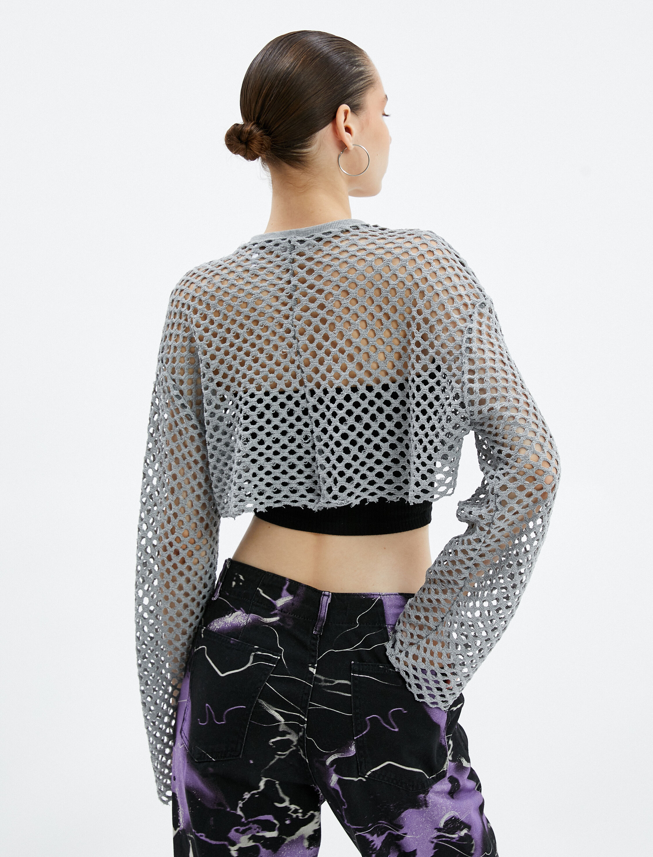   File Crop Tişört Kolej Baskılı  Uzun İspanyol Kol Yuvarlak Yaka