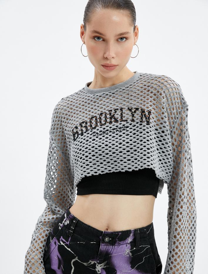  File Crop Tişört Kolej Baskılı  Uzun İspanyol Kol Yuvarlak Yaka