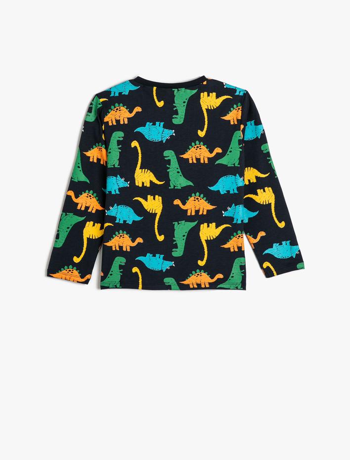 Erkek Bebek Dinozorlu Tişört Uzun Kollu Bisiklet Yaka Pamuklu