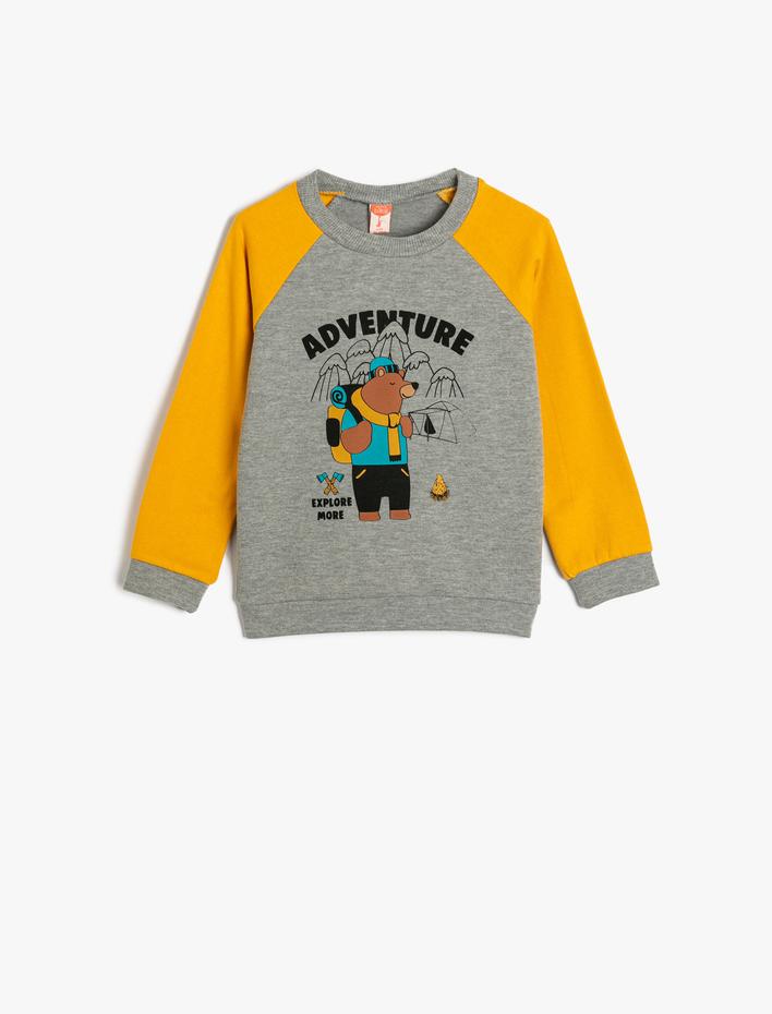 Erkek Bebek Sweatshirt Uzun Kollu Bisiklet Yaka Ayıcık Baskılı Şardonlu