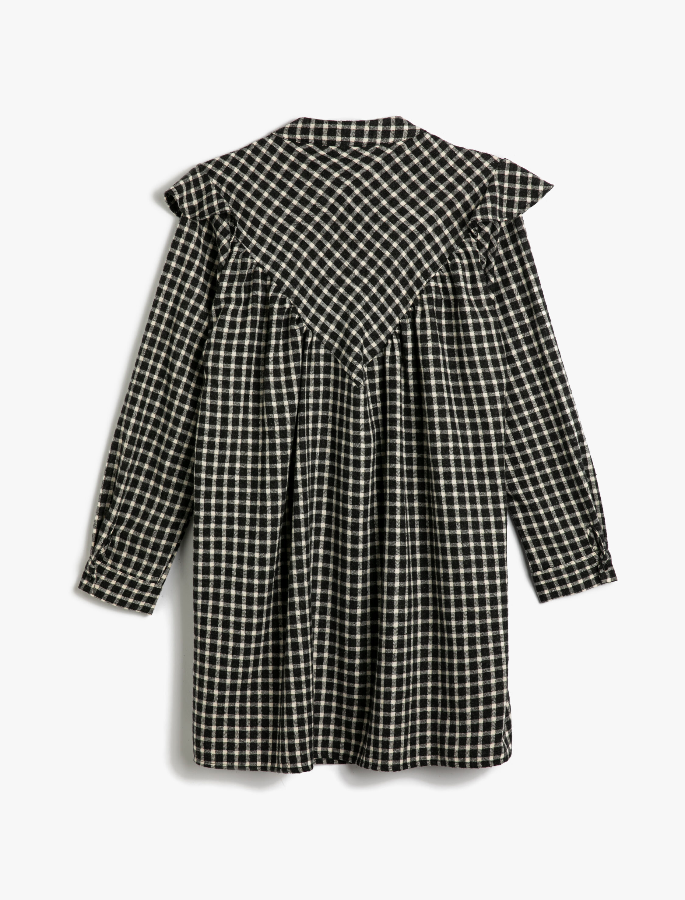   Mini Gömlek Elbise Fırfırlı Yumuşak Dokulu Uzun Kollu Dik Yaka Yarım Düğmeli