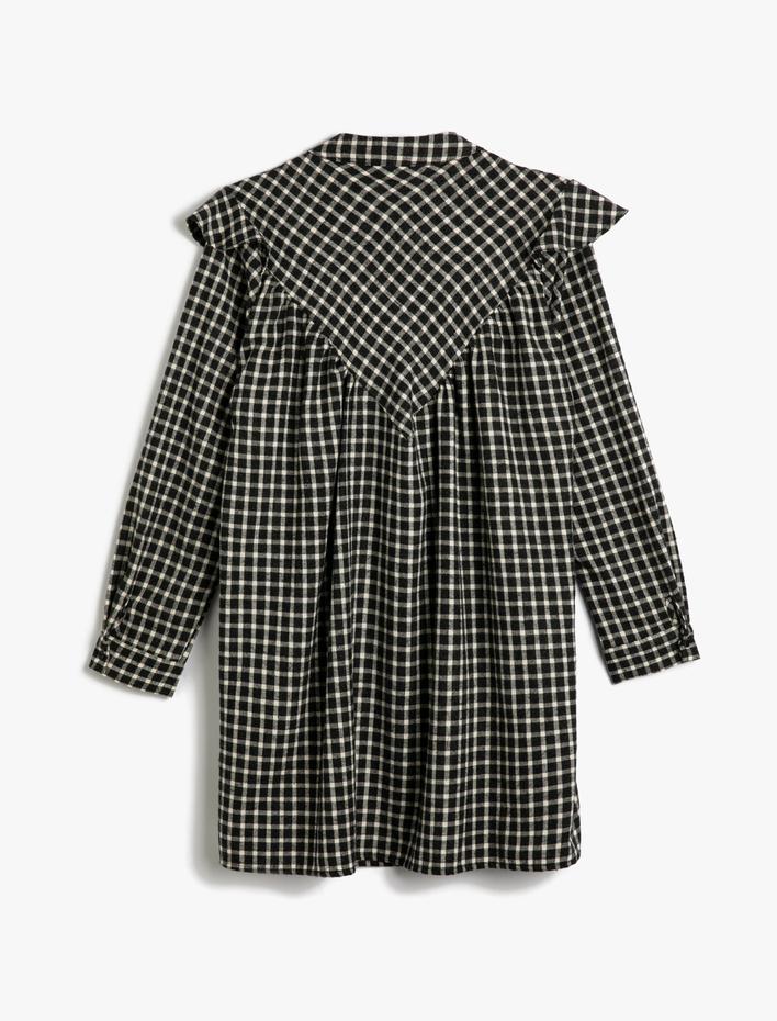  Mini Gömlek Elbise Fırfırlı Yumuşak Dokulu Uzun Kollu Dik Yaka Yarım Düğmeli