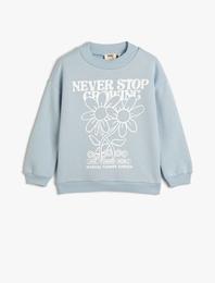 Sweatshirt Uzun Kollu Bisiklet Yaka Çiçek Baskı Detaylı Şardonlu