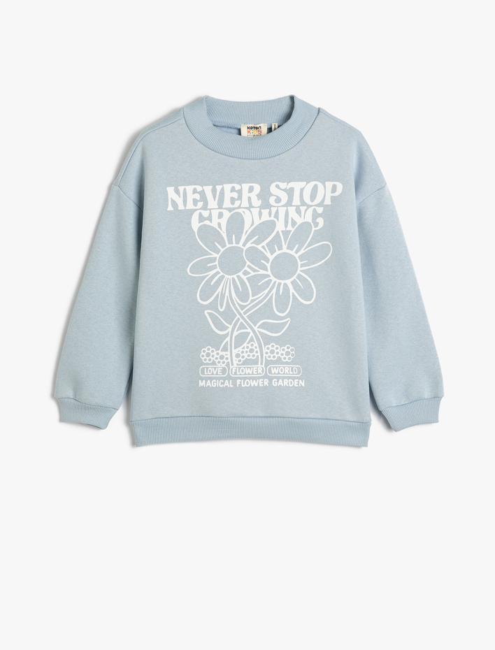 Kız Çocuk Sweatshirt Uzun Kollu Bisiklet Yaka Çiçek Baskı Detaylı Şardonlu