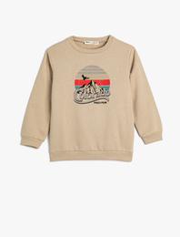 Sweatshirt Uzun Kollu Bisiklet Yaka Baskı Detaylı Şardonlu