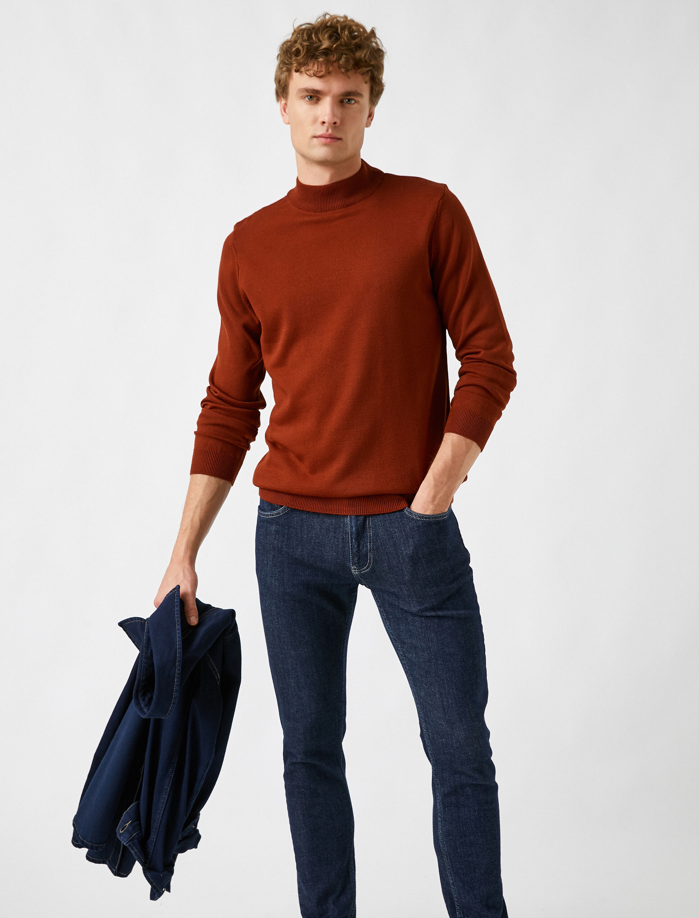   Basic Triko Kazak Yarım Balıkçı Yaka Uzun Kollu