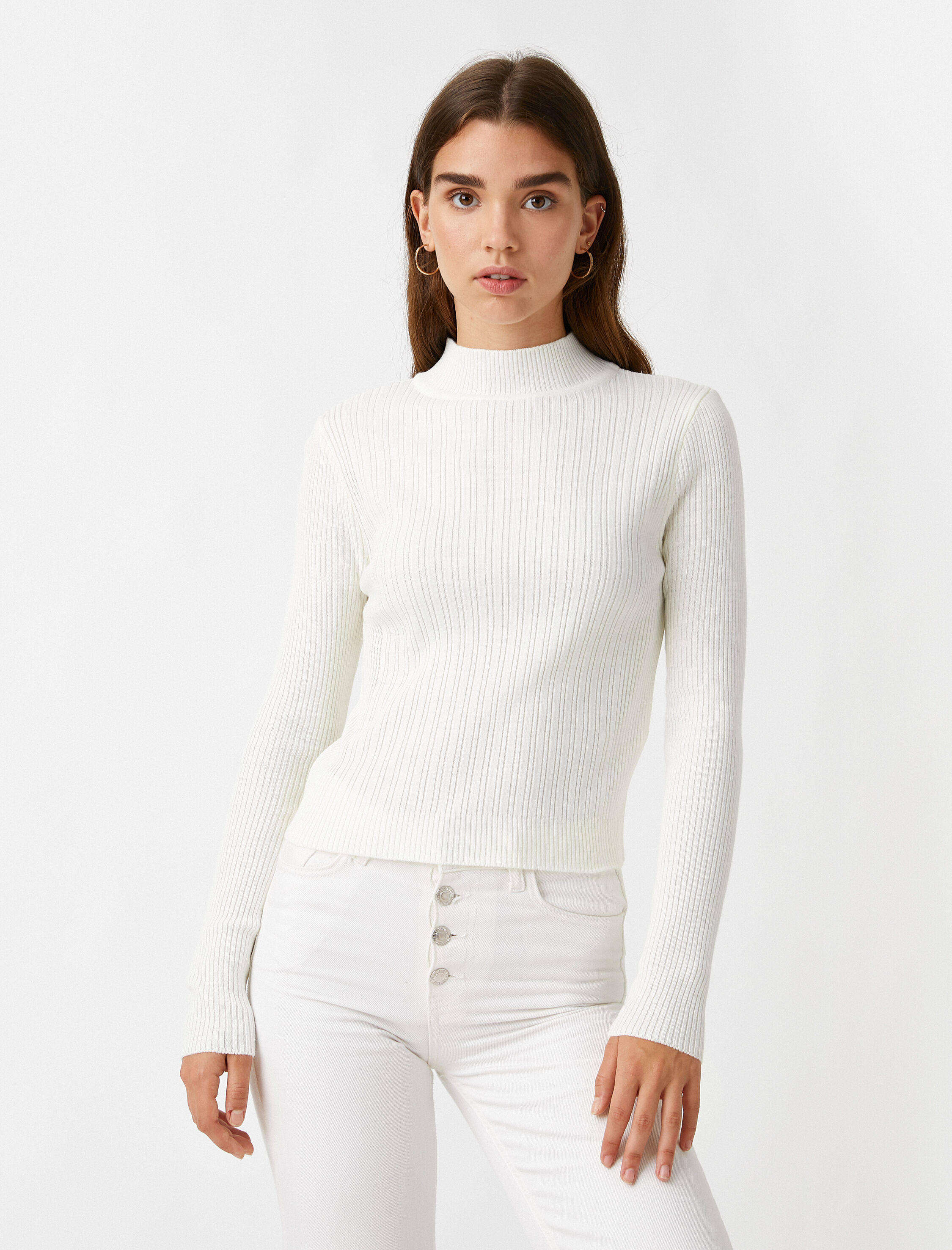   Yüksek Yaka Fitilli Basic Triko Kazak Kaşmir Dokulu