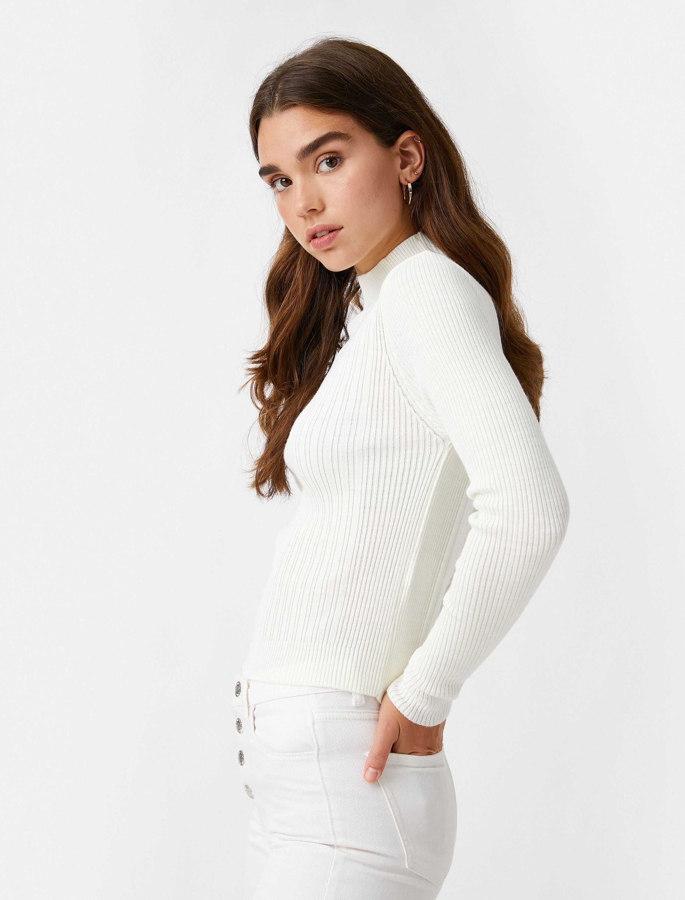   Yüksek Yaka Fitilli Basic Triko Kazak Kaşmir Dokulu