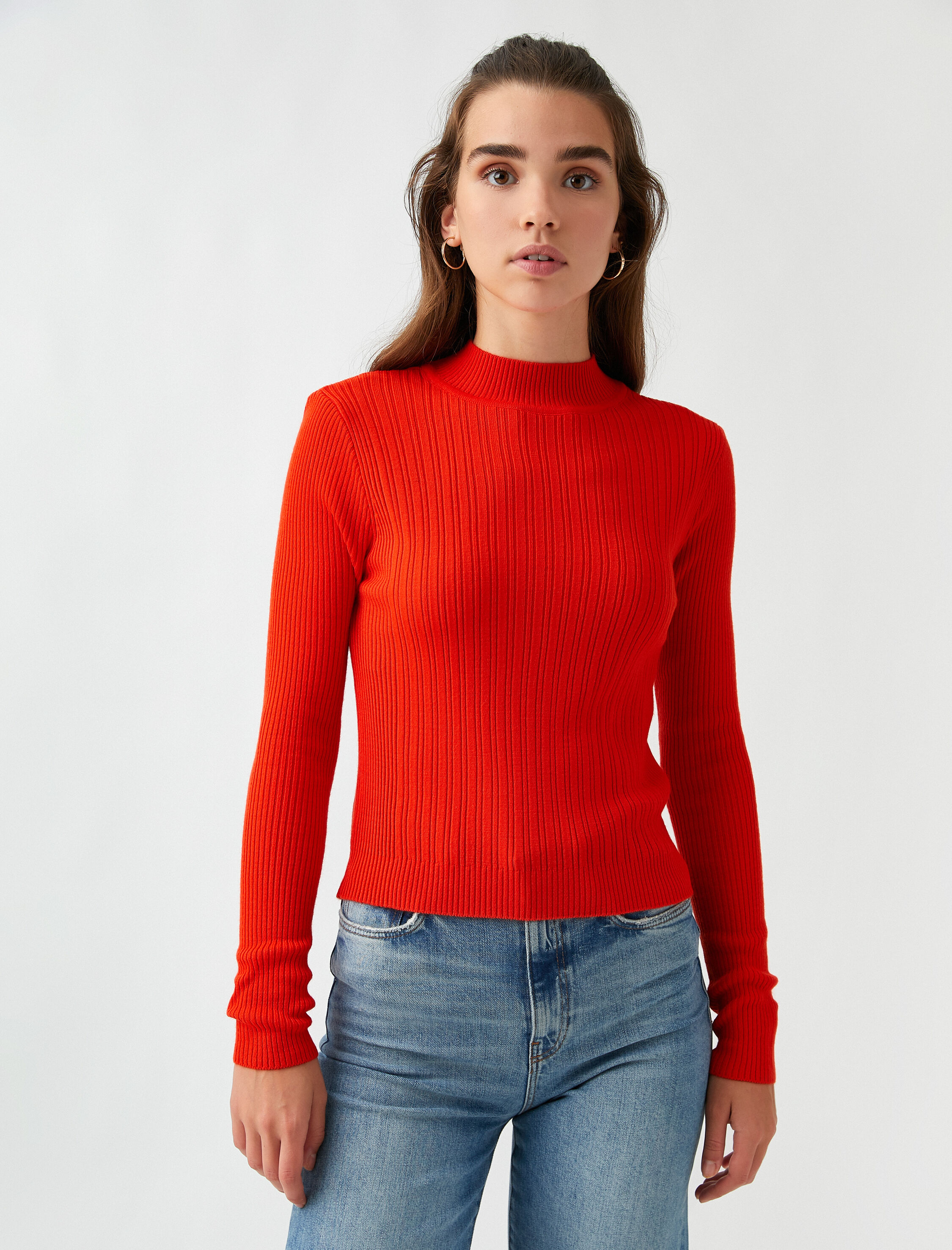   Yüksek Yaka Fitilli Basic Triko Kazak Kaşmir Dokulu