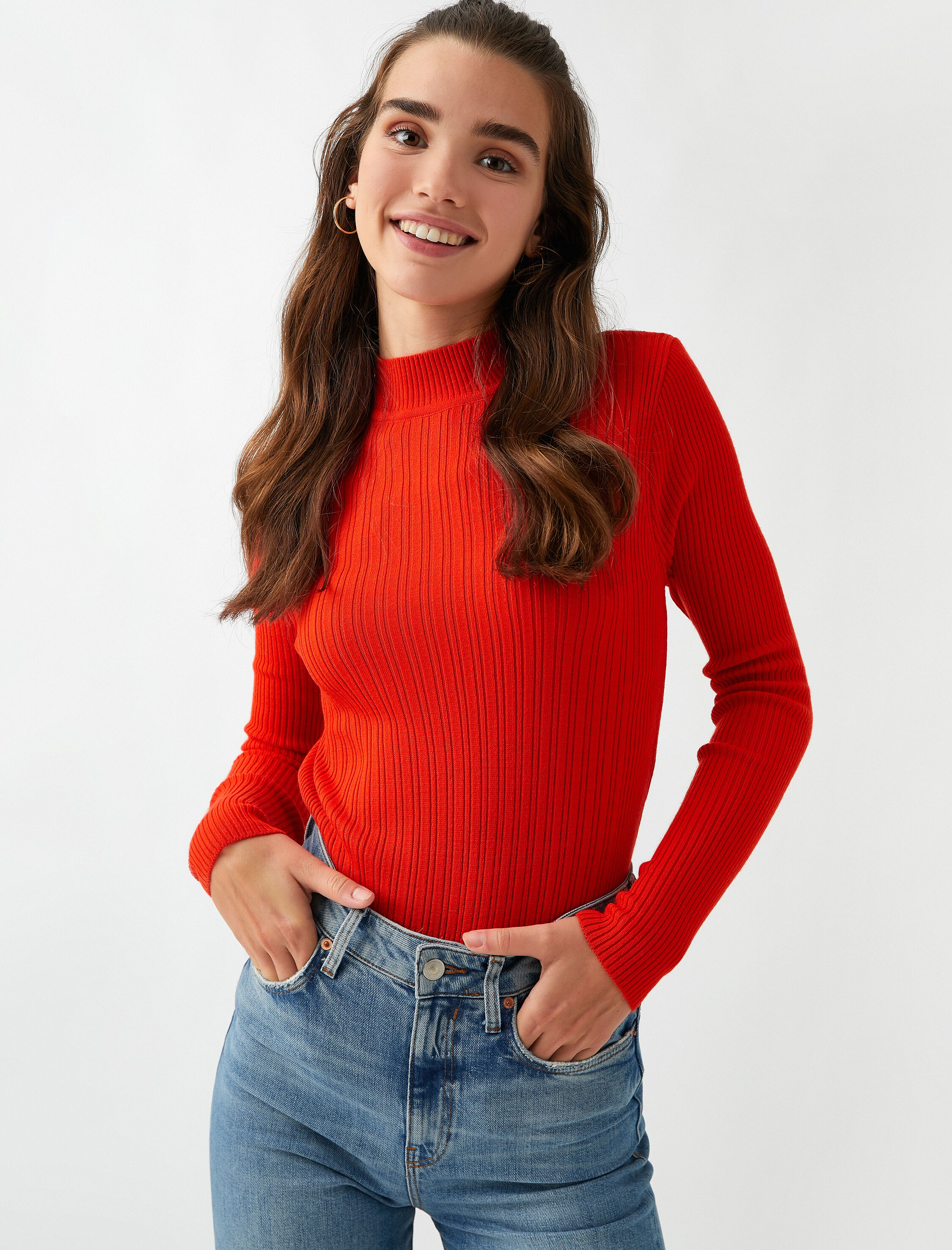   Yüksek Yaka Fitilli Basic Triko Kazak Kaşmir Dokulu