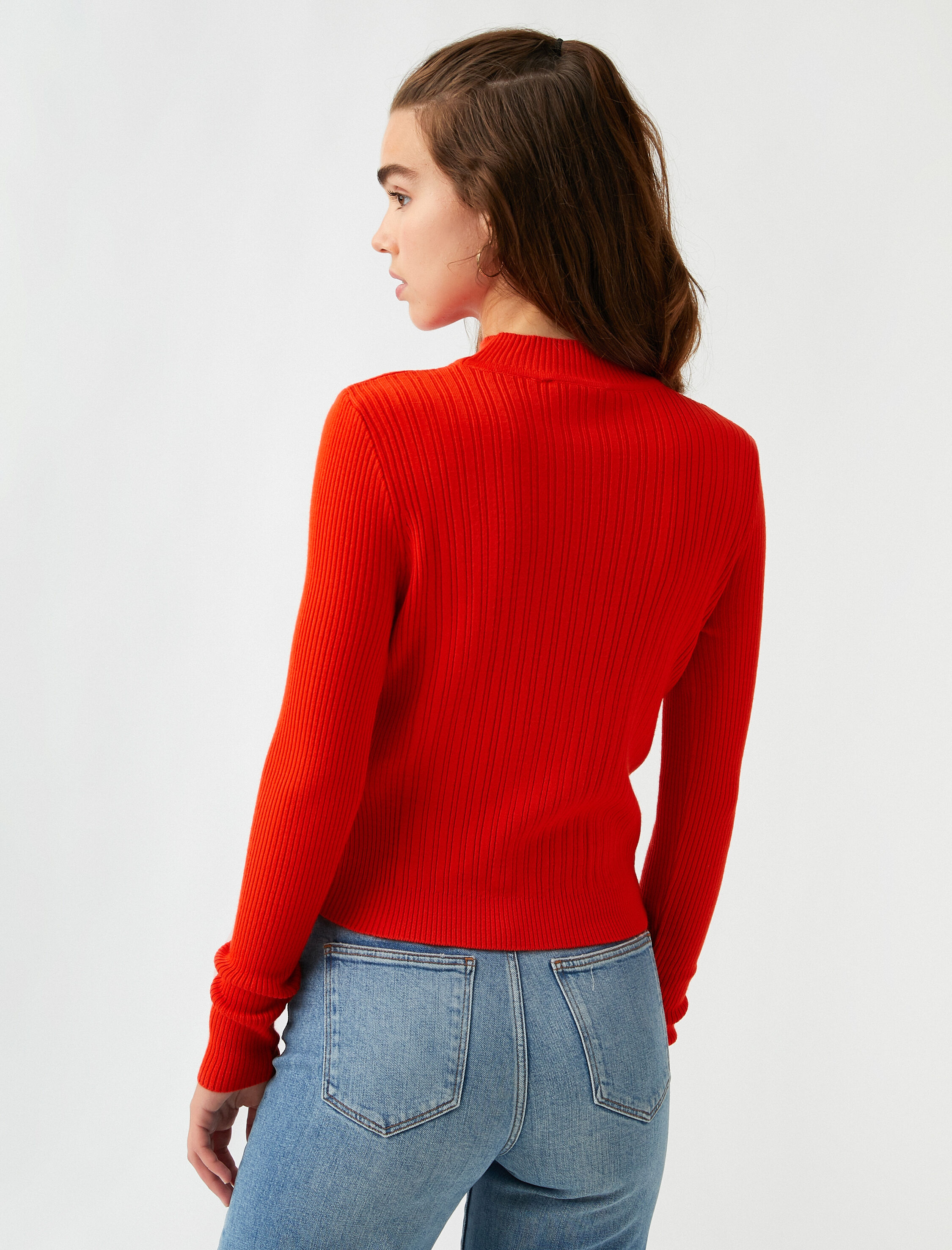   Yüksek Yaka Fitilli Basic Triko Kazak Kaşmir Dokulu