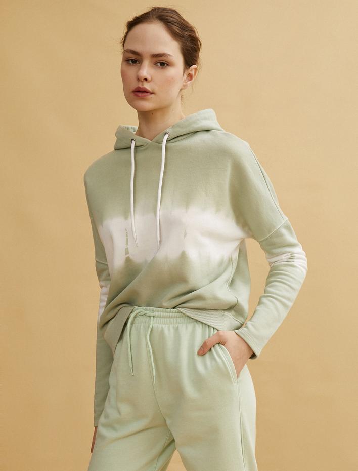  Kapüşonlu Sweatshirt Renk Bloklu Pamuklu Oversize