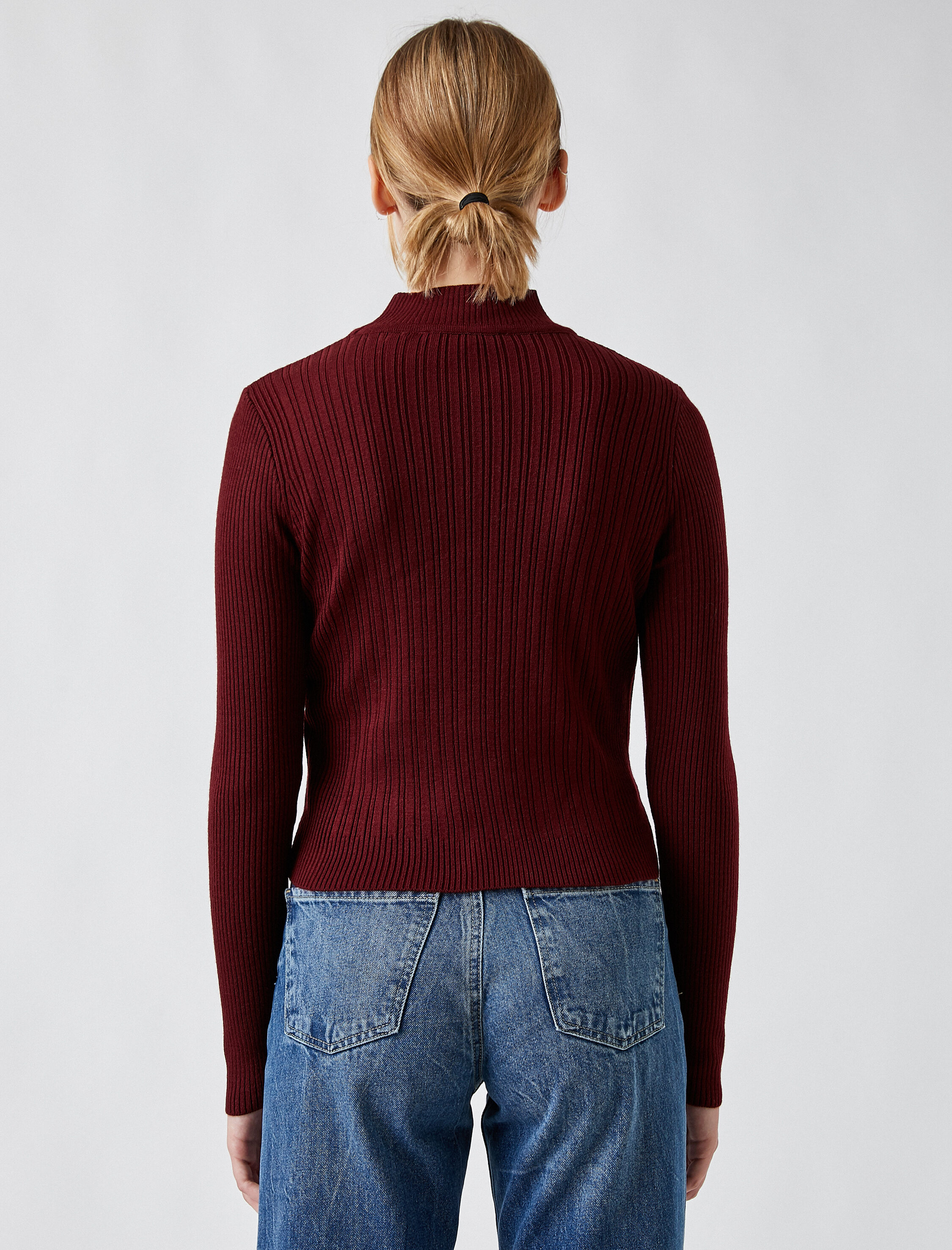   Yüksek Yaka Fitilli Basic Triko Kazak Kaşmir Dokulu