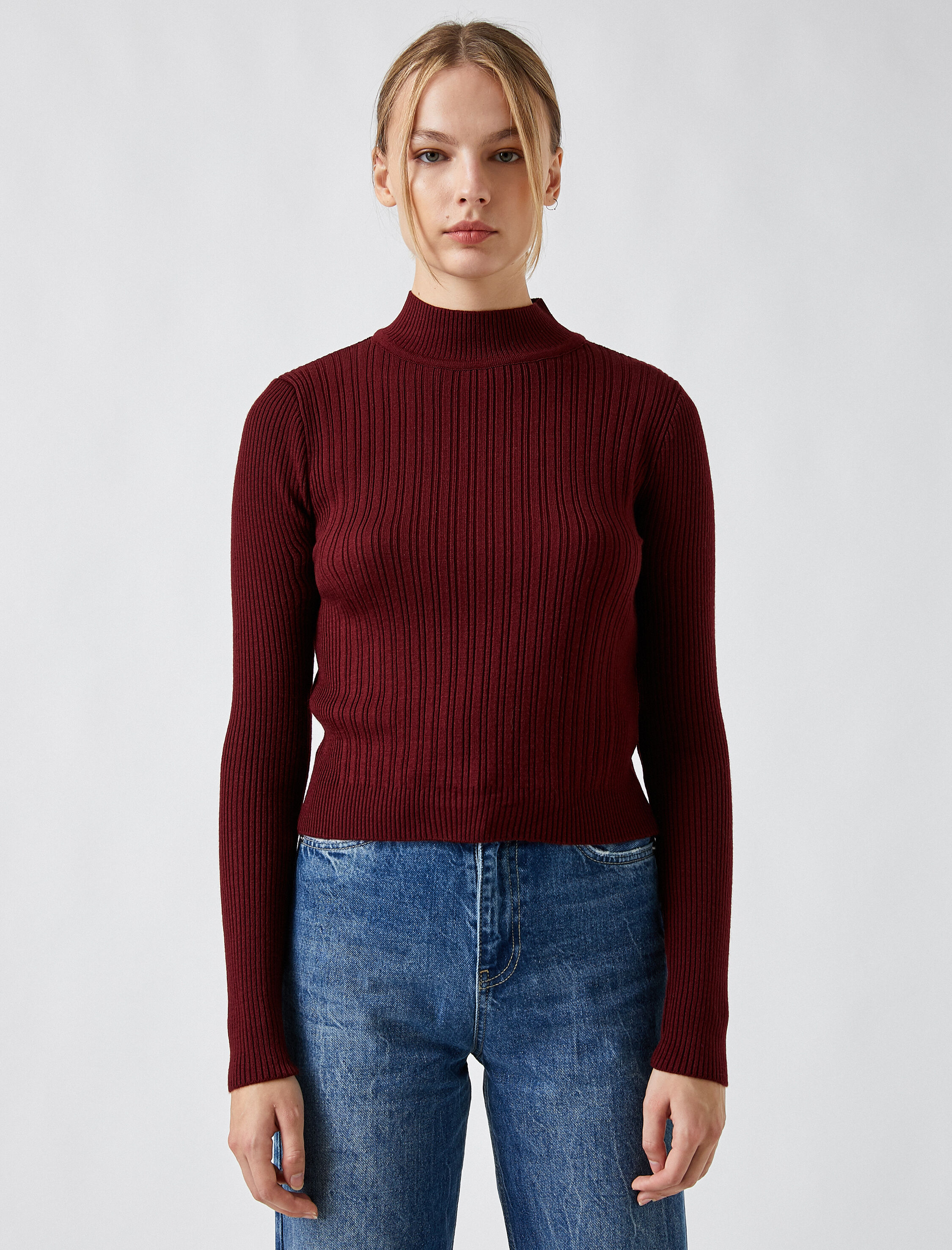   Yüksek Yaka Fitilli Basic Triko Kazak Kaşmir Dokulu