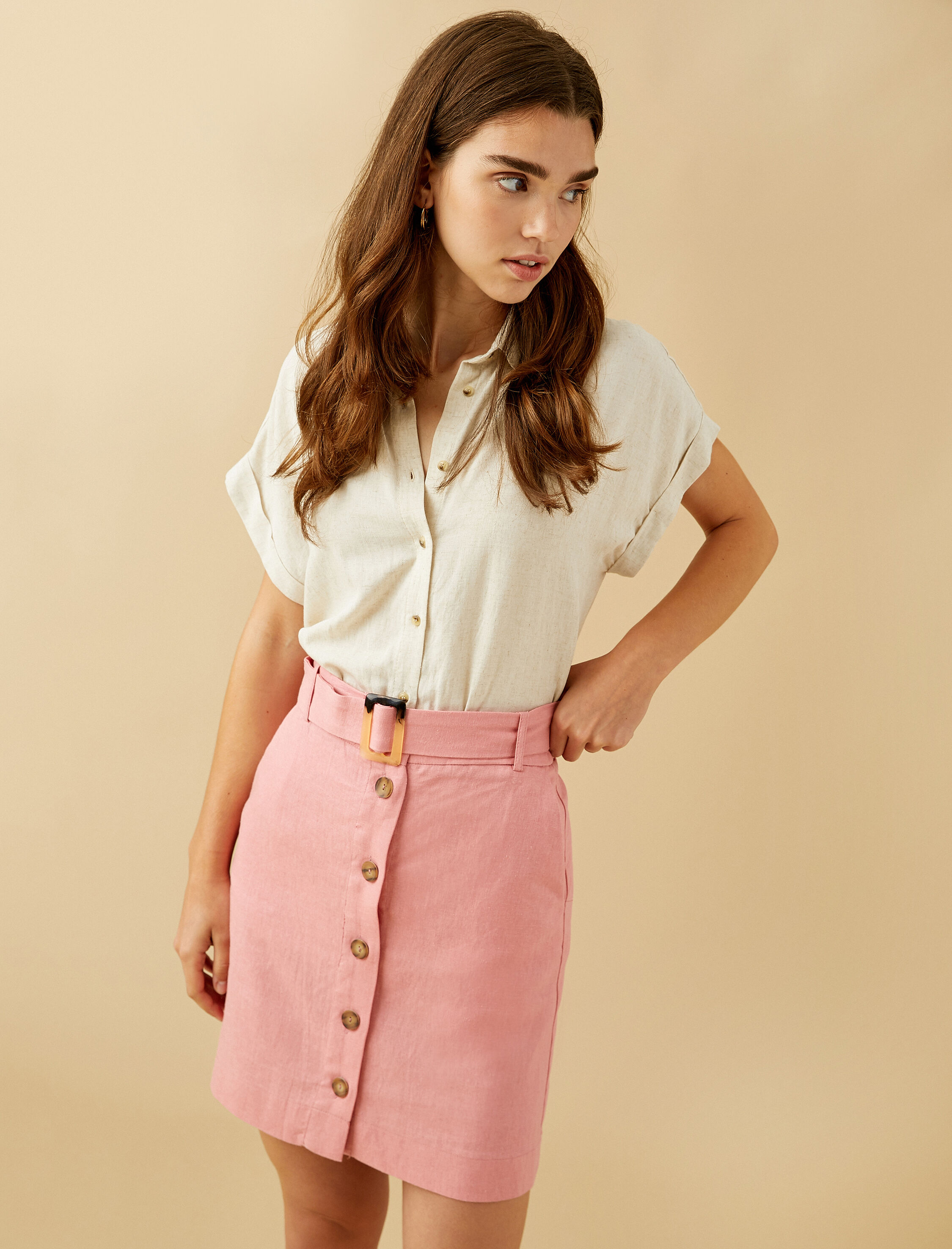   Kemerli Önden Düğmeli Mini Etek Keten Karışımlı