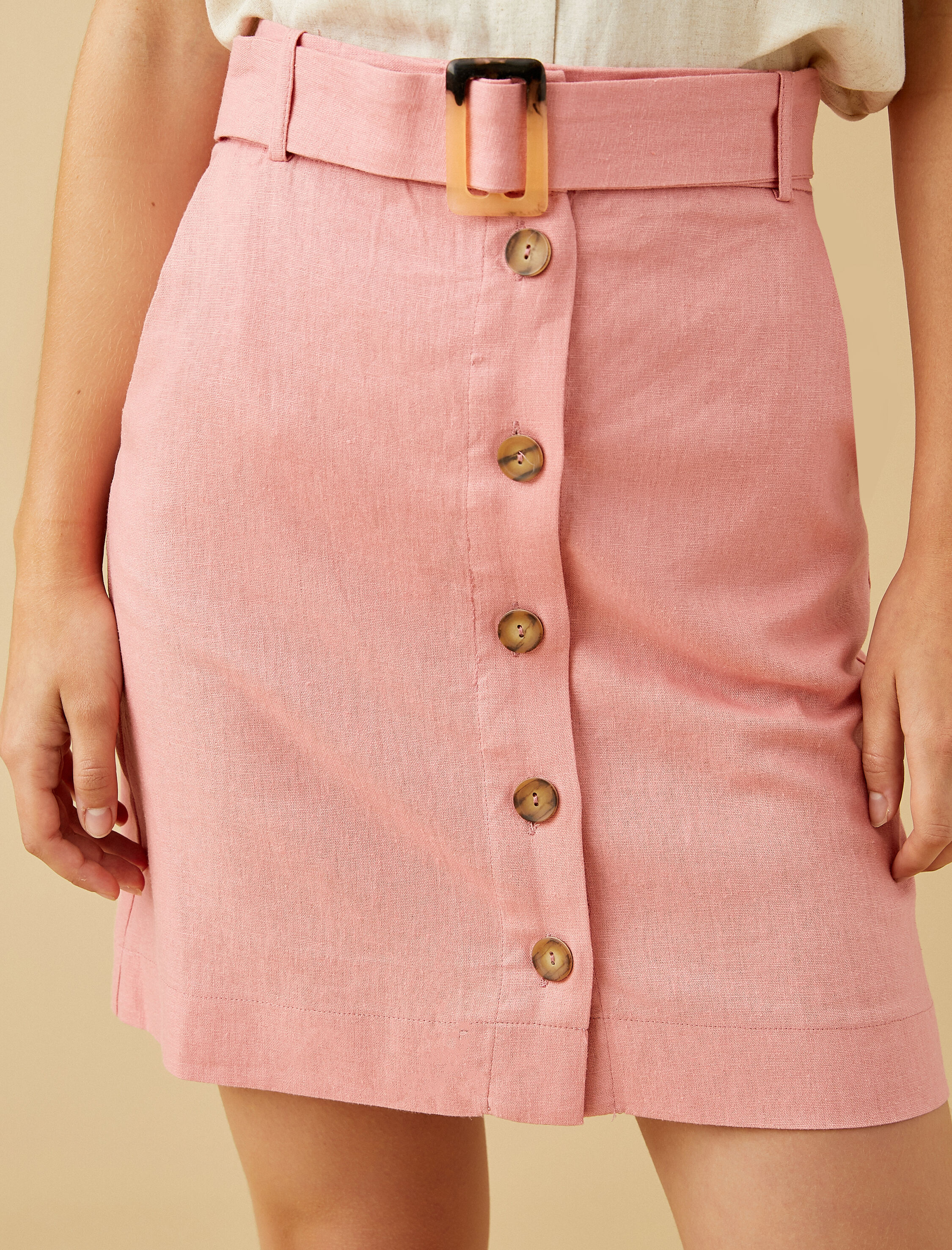   Kemerli Önden Düğmeli Mini Etek Keten Karışımlı