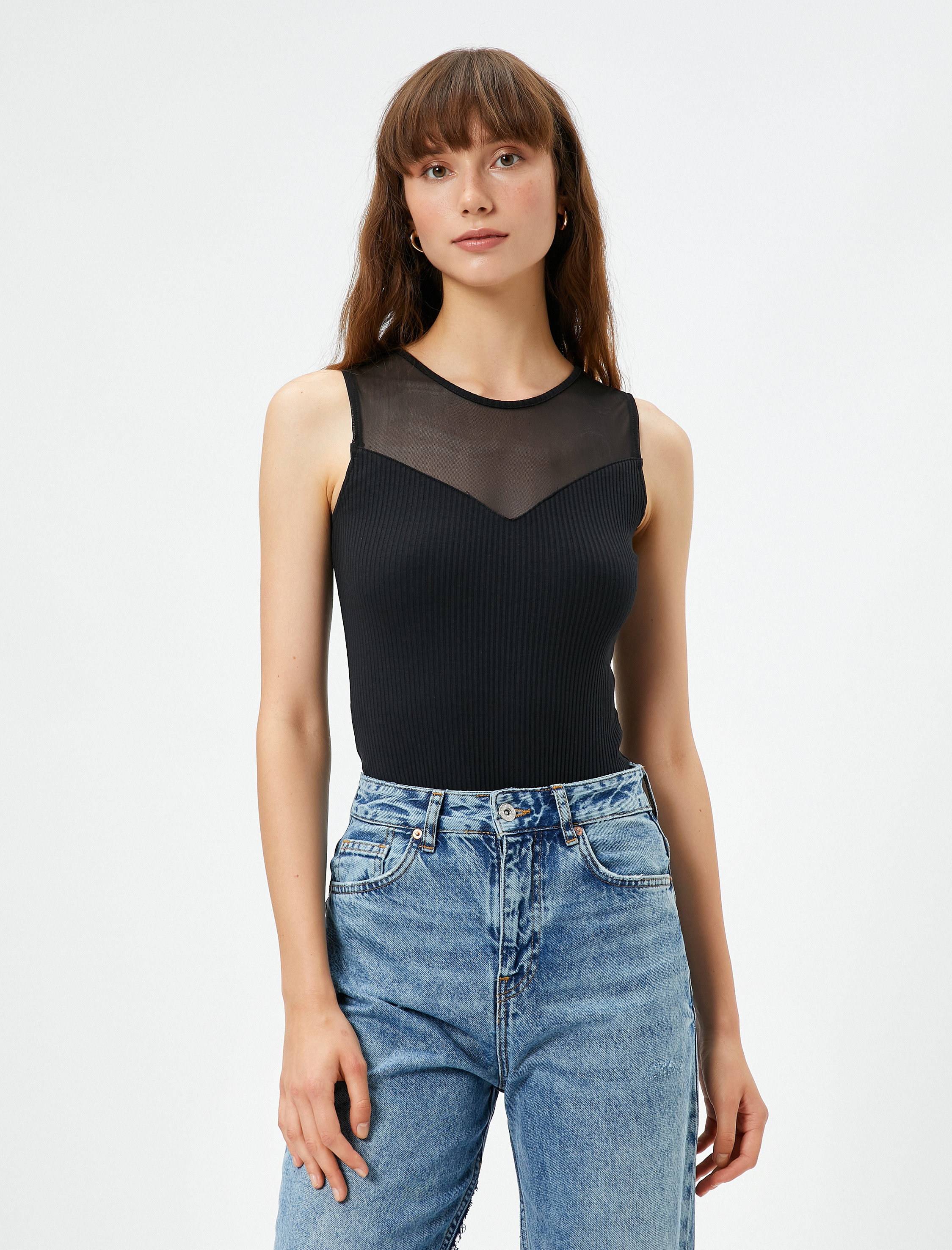   Fitilli Atlet Halter Yaka Üstü Tül Detaylı