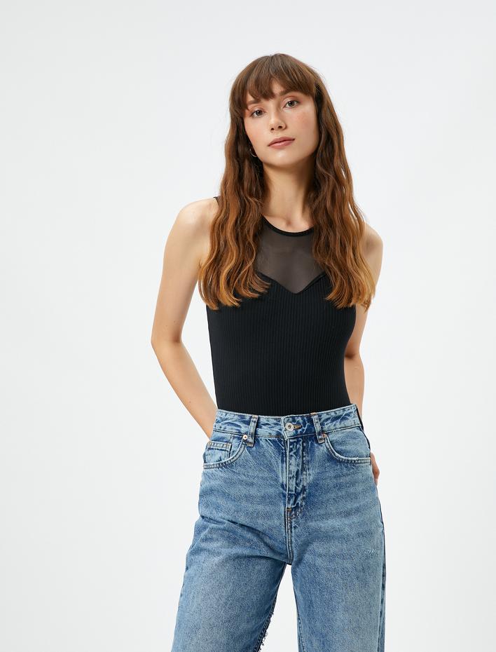  Fitilli Atlet Halter Yaka Üstü Tül Detaylı