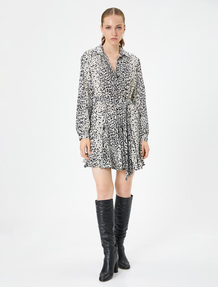  Gömlek Elbise Mini Leopar Desenli Kuşaklı Kloş