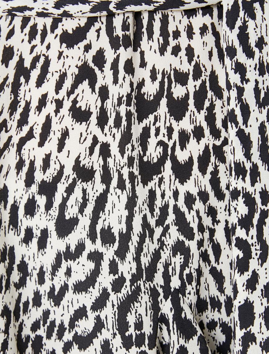   Gömlek Elbise Mini Leopar Desenli Kuşaklı Kloş