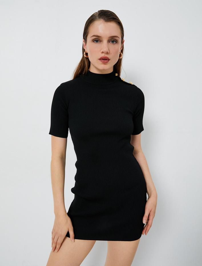  Süper Mini Triko Elbise Fitilli Kısa Kollu Dik Yaka