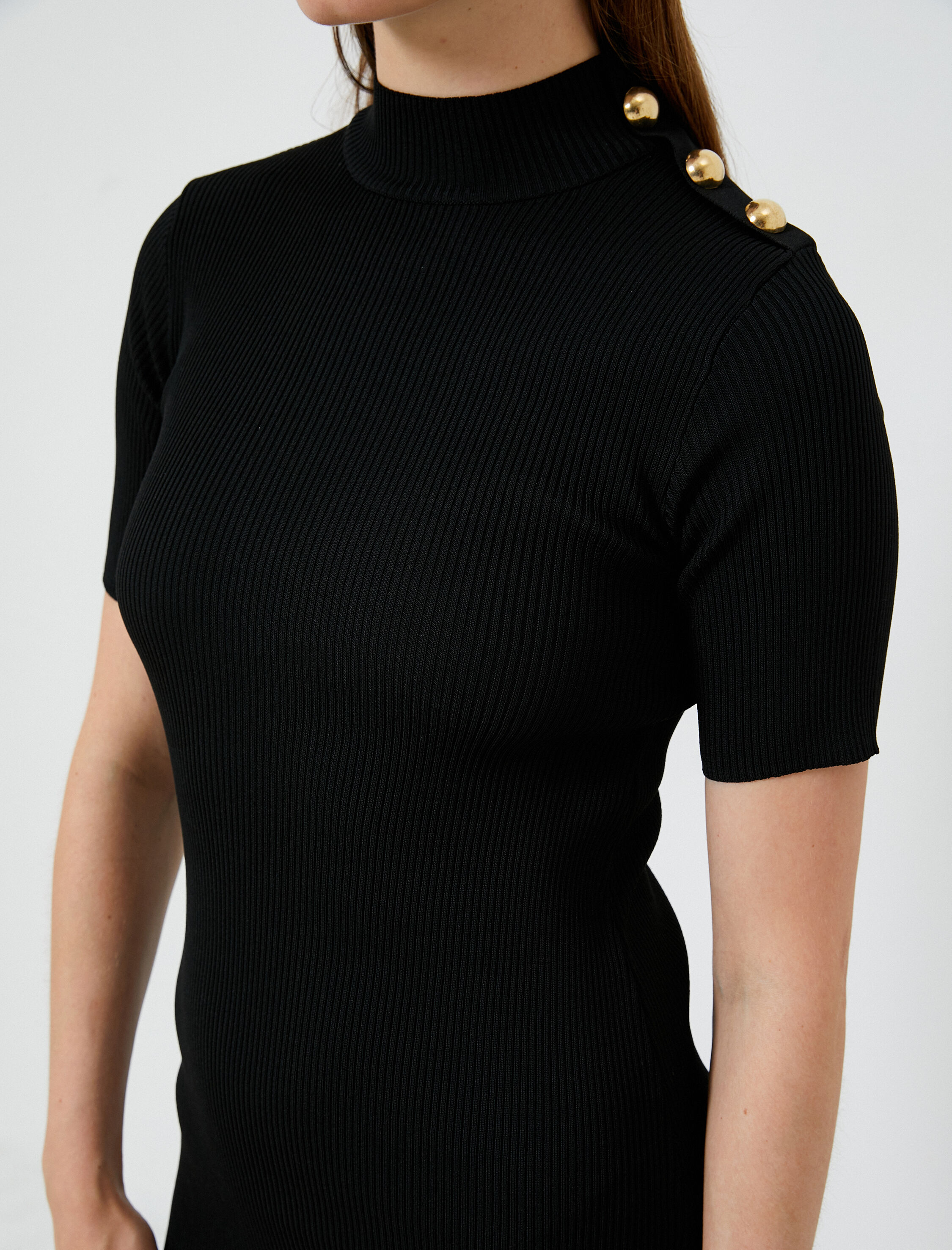   Süper Mini Triko Elbise Fitilli Kısa Kollu Dik Yaka