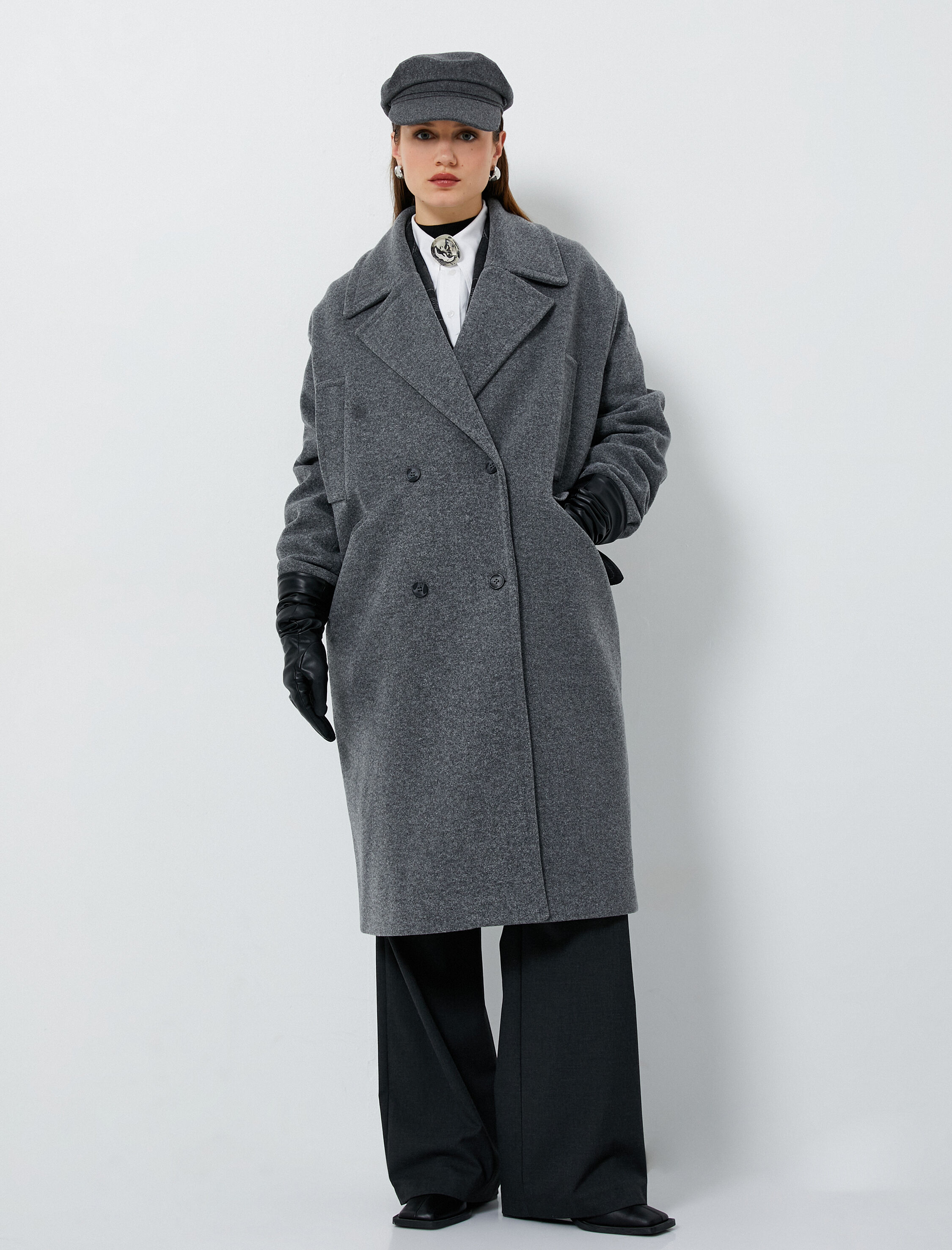   Uzun Kaşe Kaban Kruvaze Yaka Düğmeli Cepli