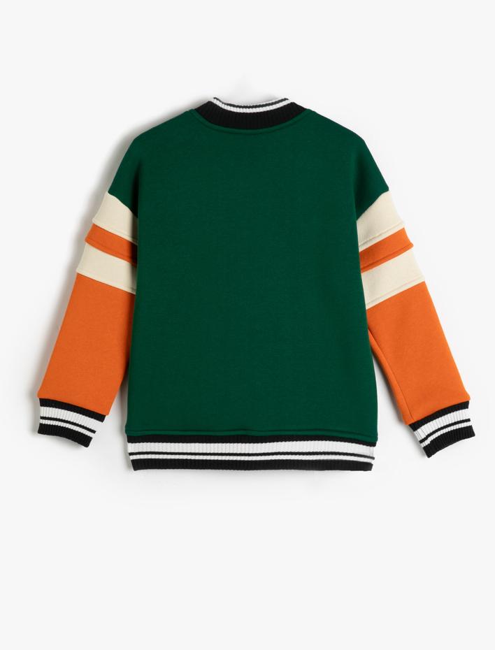 Erkek Çocuk Bomber Kolej Ceket Uzun Kollu Bisiklet Yaka Aplike Detaylı Renk Bloklu Şardonlu