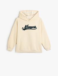 Kapşonlu Sweatshirt Uzun Kollu Aplike Detaylı Şardonlu