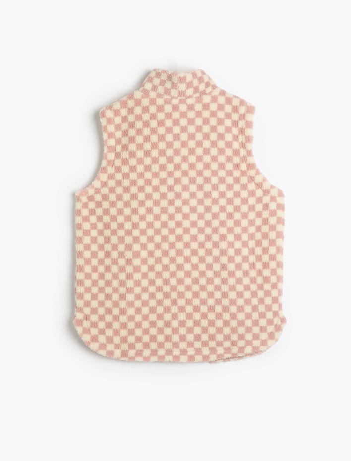 Kız Çocuk Peluş Yelek Fermuarlı Dik Yaka Cepli Kareli