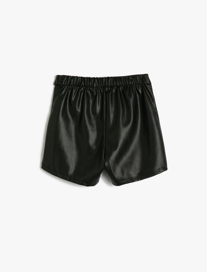 Kız Çocuk Şort Etek Deri Görünümlü Beli Lastikli Düğme Detaylı