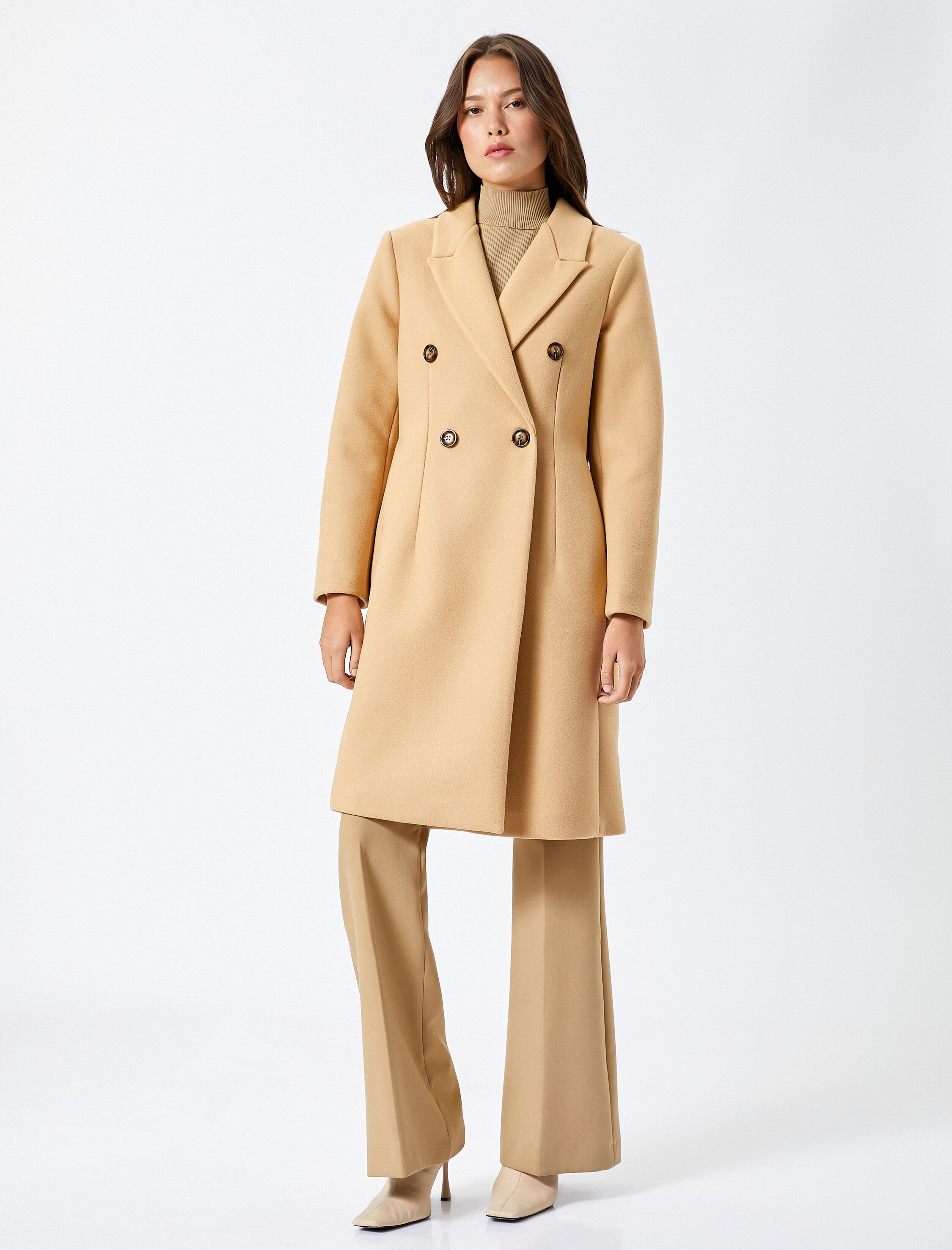   Uzun Kaşe Kaban Düğmeli Kruvaze Yırtmaçlı Kuşaklı