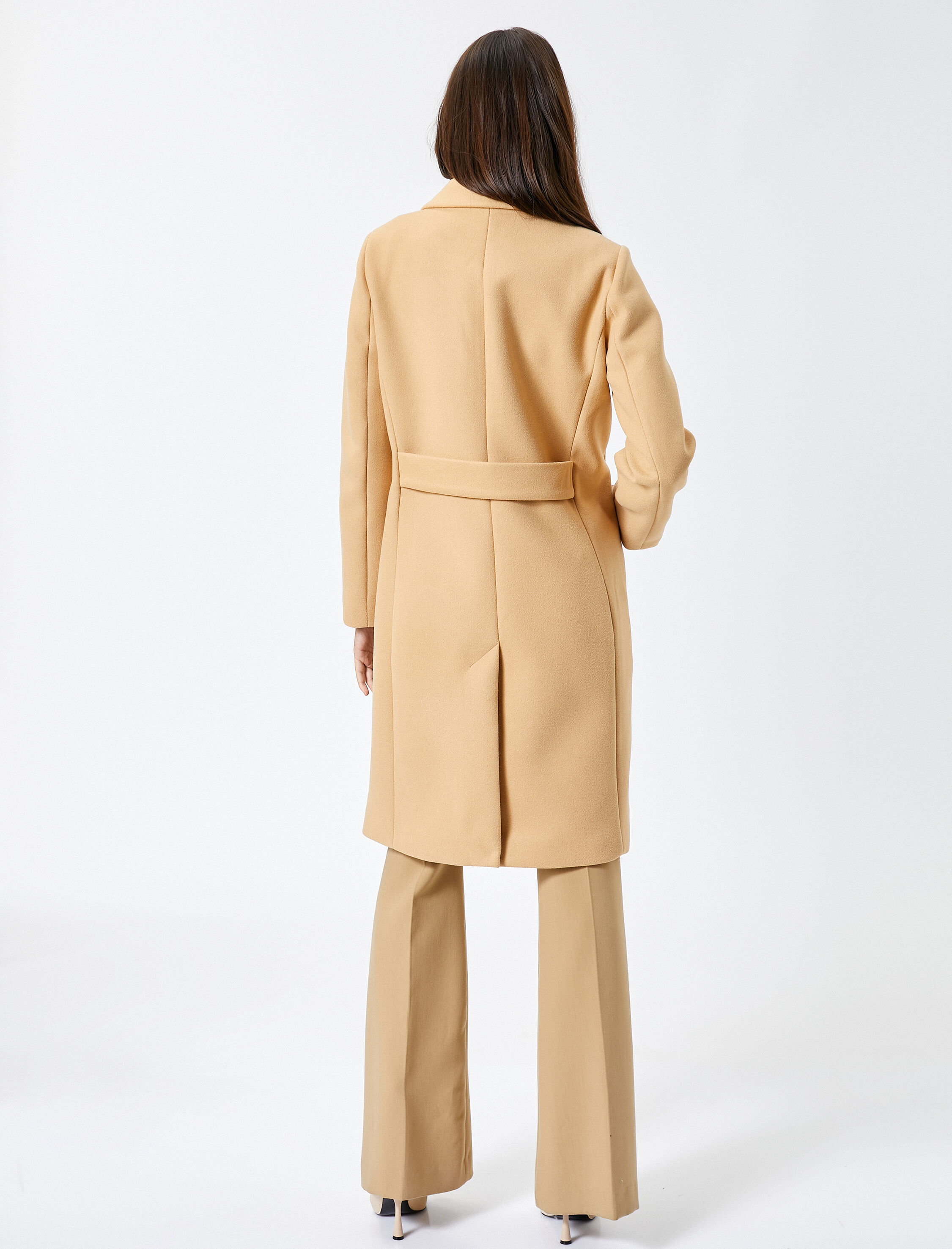   Uzun Kaşe Kaban Düğmeli Kruvaze Yırtmaçlı Kuşaklı