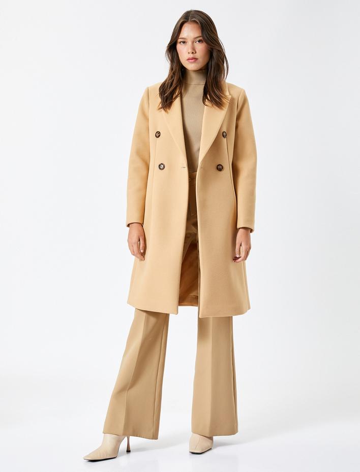  Uzun Kaşe Kaban Düğmeli Kruvaze Yırtmaçlı Kuşaklı