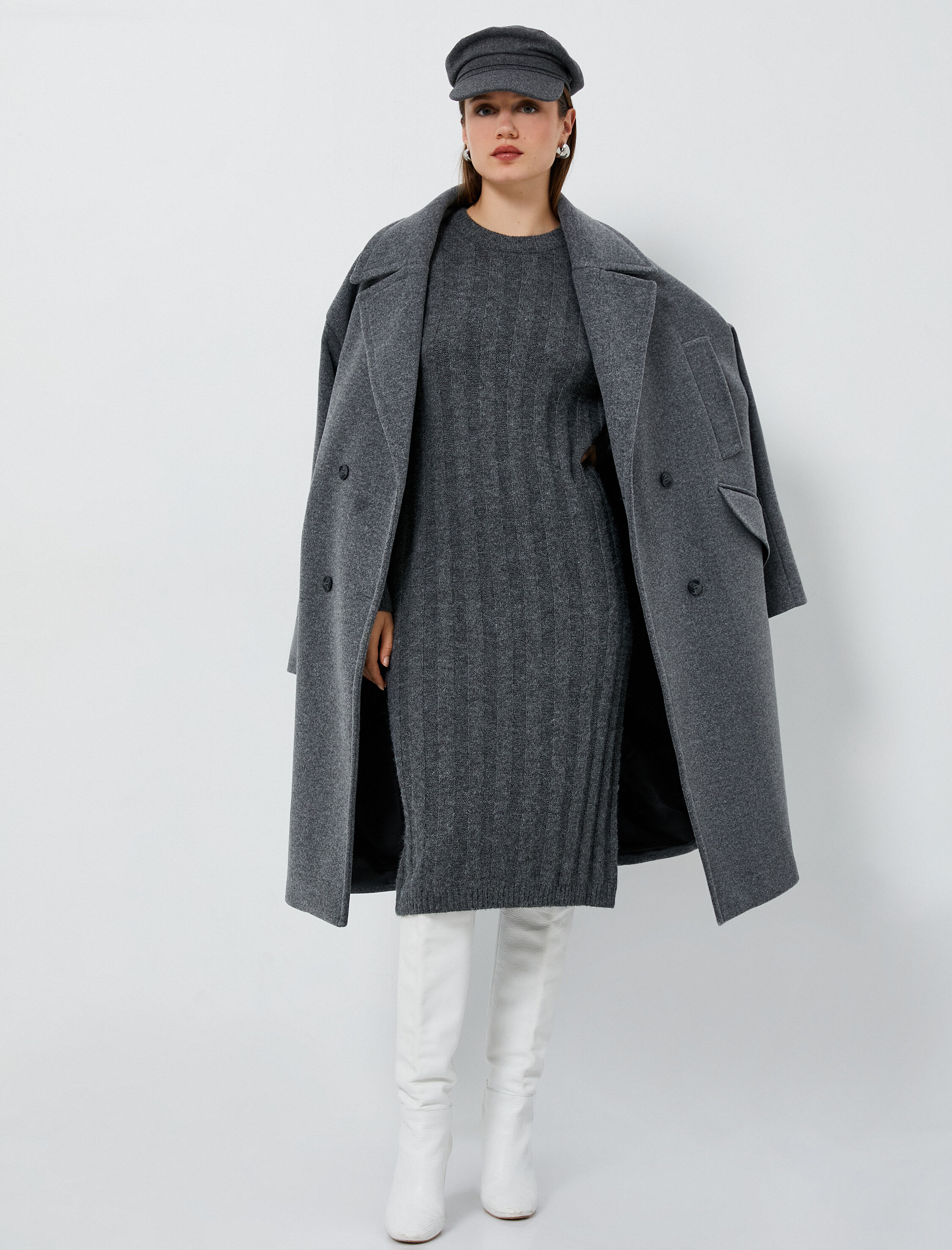   Triko Elbise Midi Bisiklet Yaka Uzun Kollu Dokulu