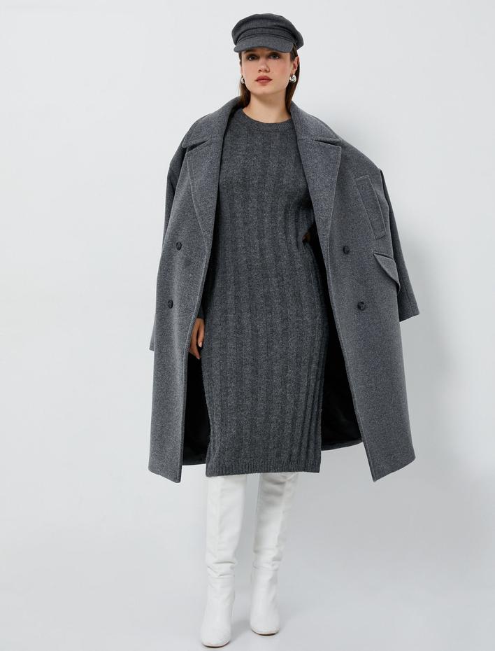  Triko Elbise Midi Bisiklet Yaka Uzun Kollu Dokulu