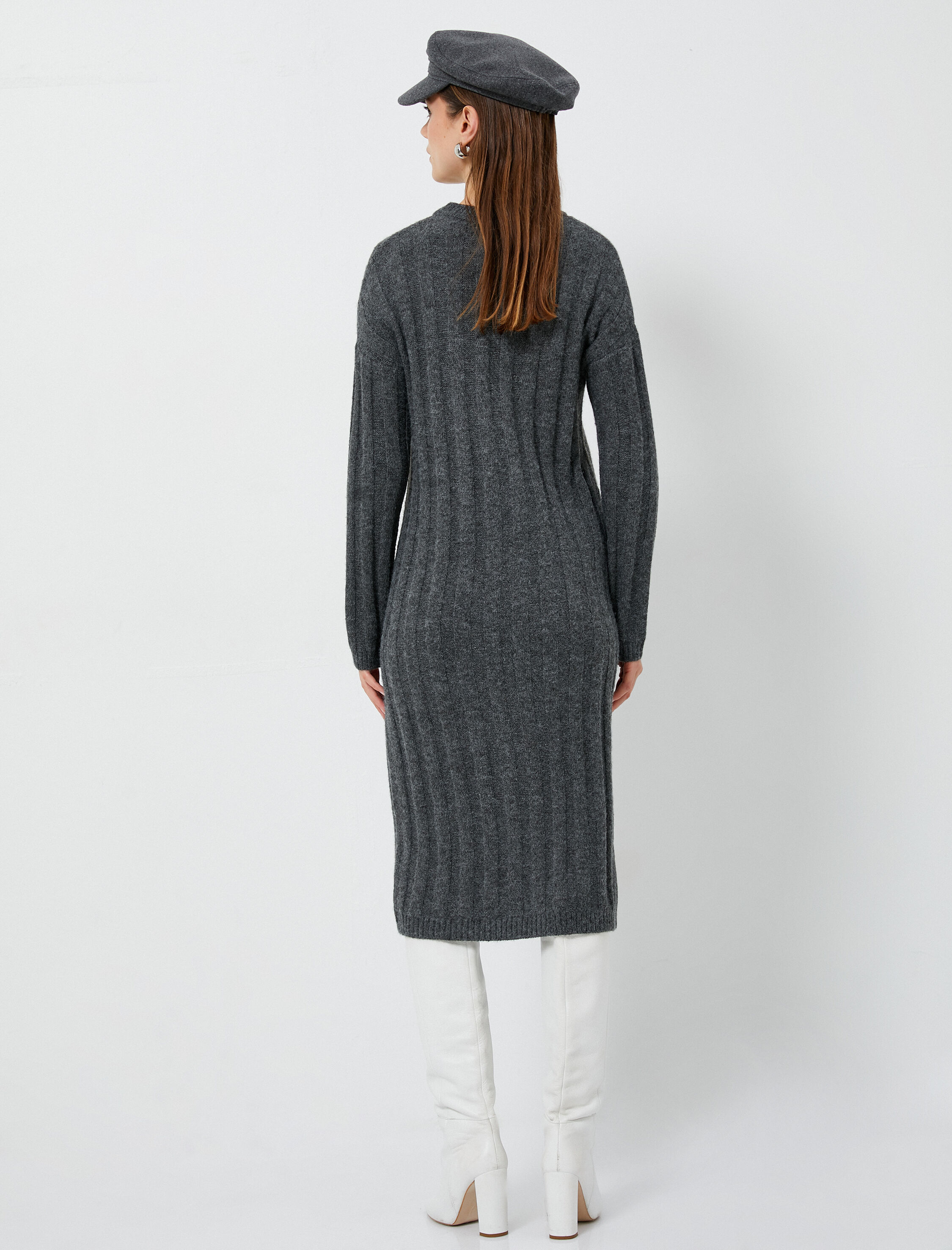   Triko Elbise Midi Bisiklet Yaka Uzun Kollu Dokulu