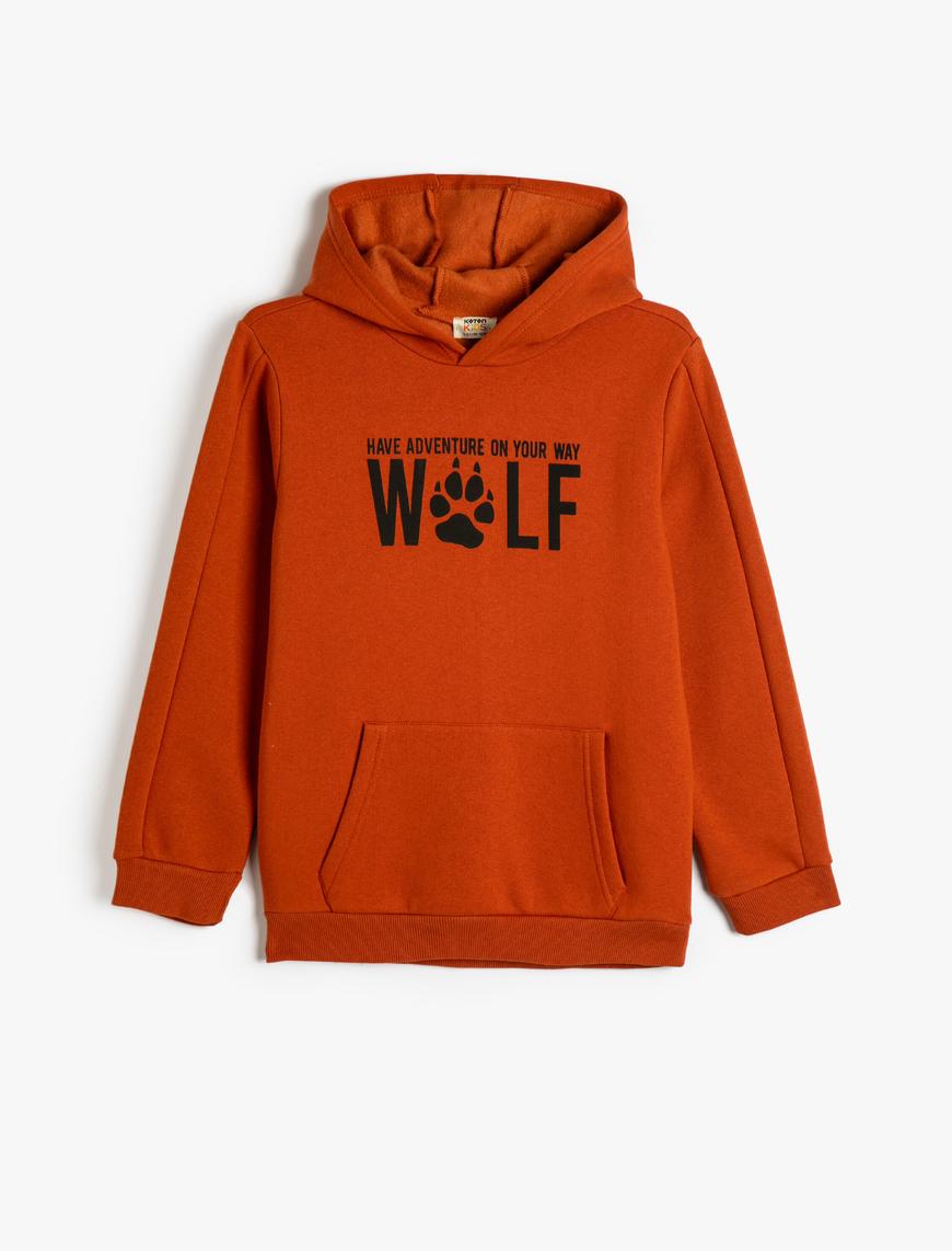  Erkek Çocuk Kapşonlu Sweatshirt Uzun Kollu Kanguru Cepli Yazı Baskılı Şardonlu