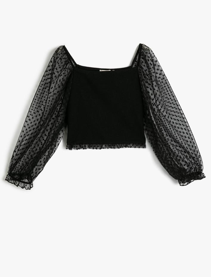 Kız Çocuk Bluz Balon Kollu Tül Detaylı Bisiklet Yaka Pamuklu