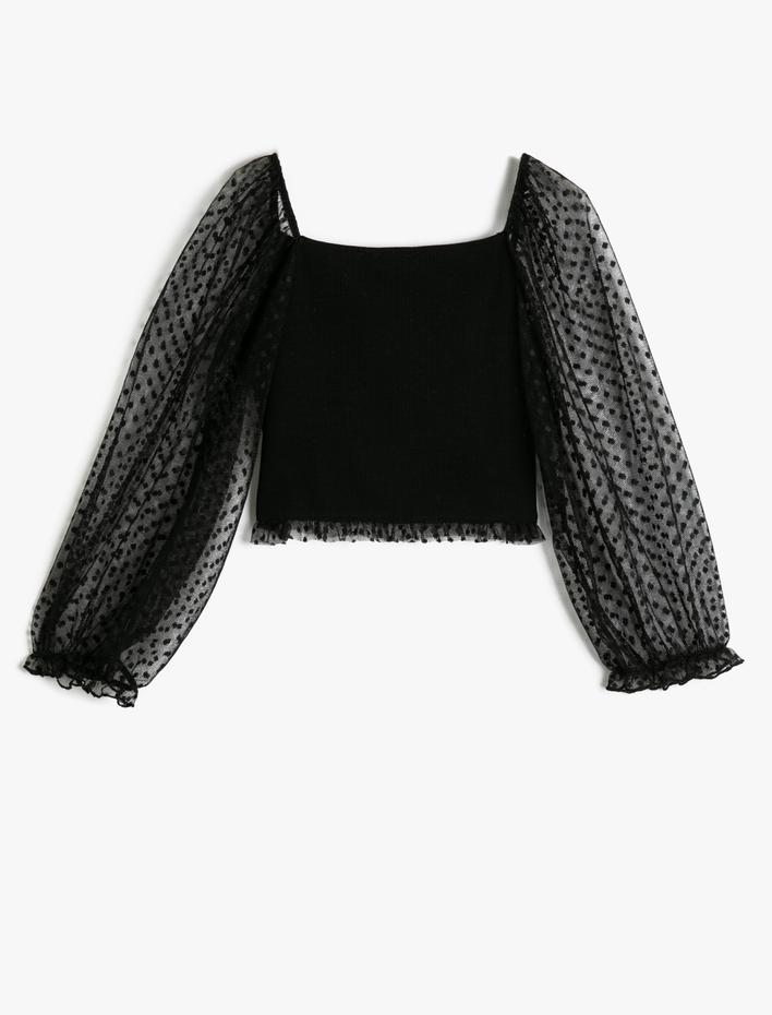 Kız Çocuk Bluz Balon Kollu Tül Detaylı Bisiklet Yaka Pamuklu