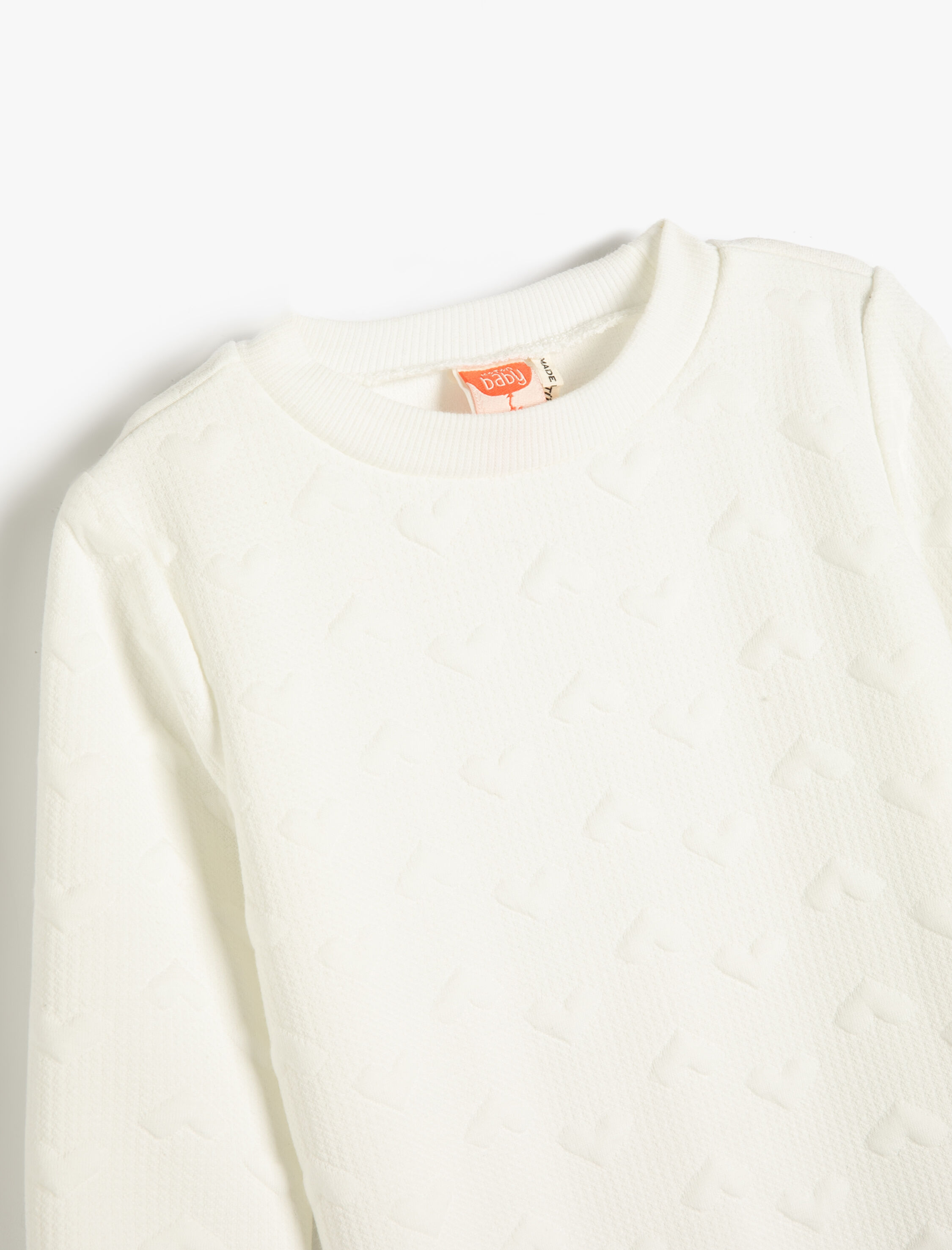  Kız Bebek Basic Sweatshirt Uzun Kollu Bisiklet Yaka Kalp Detaylı Dokulu